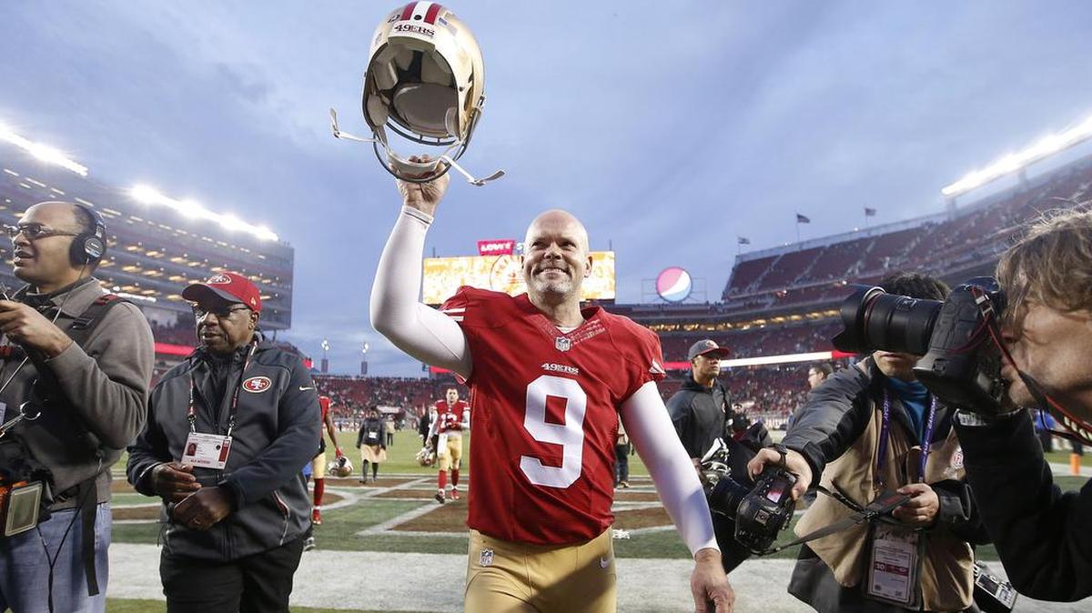 San Francisco 49ers kicker Phil Dawson (9) smiles after an NFL football game against the St. Louis Rams in Santa Clara, Calif., Sunday, Jan. 3, 2016. The 49ers won 19-16 in overtime.