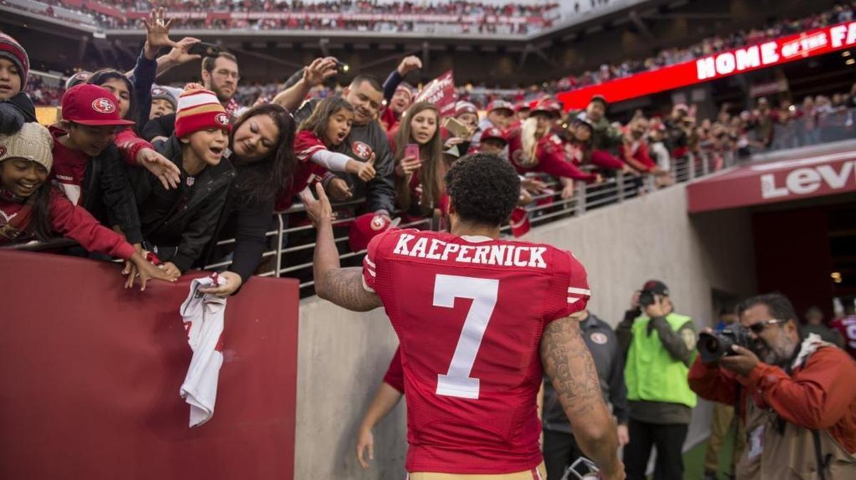 San Francisco 49ers quarterback Colin Kaepernick (7) leaves the field following the 49ers’ 17-16 win against the Atlanta Falcons at Levi’s Stadium in Santa Clara, Calif. on Nov. 11, 2015.