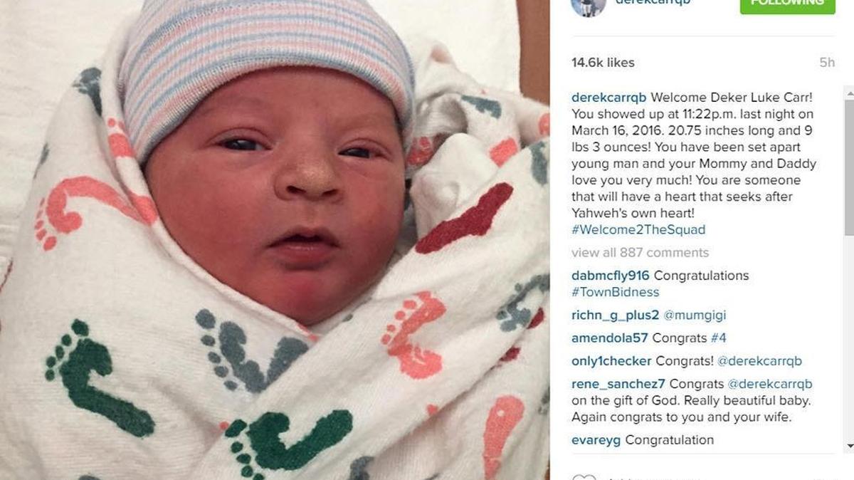 Derek Carr posted this birth announcement on his Instagram account.